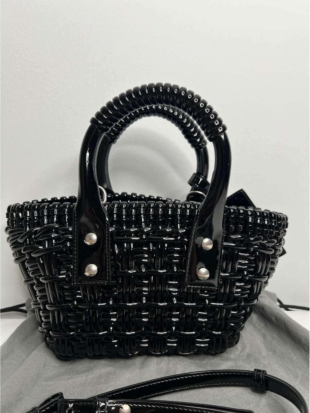 Balenciaga Bistro XXS Black Woven Basket Bag Mini Tote Crossbody Strap New - Picture 5 of 8